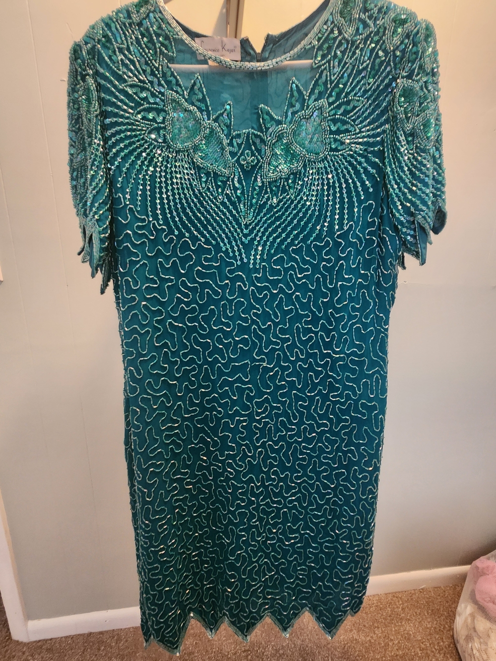 Lawrence Kazan 1980s teal beaded and sequined short-sleeve silk cocktail dress